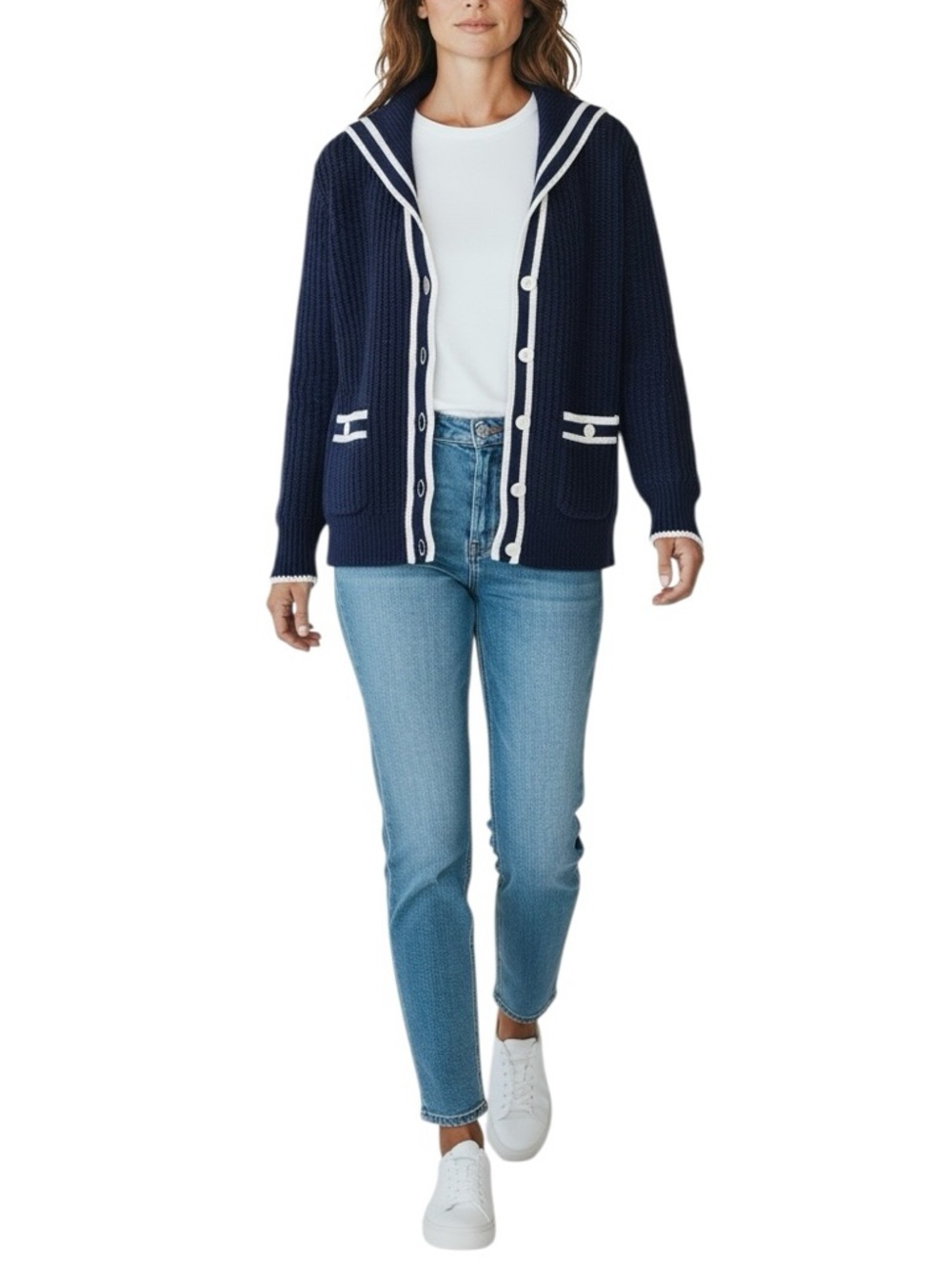 J. Crew Textured Knit Sailor Cardigan in Navy Blue and White Size Medium NWOT